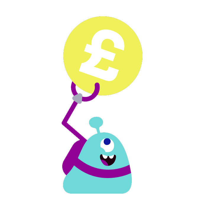 Miss Blobby Blue looking up holding a coin